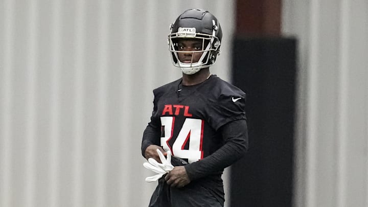 May 12, 2023; Flowery Branch, GA, USA; Atlanta Falcons cornerback Clark Phillips III (34) shown on the field during rookie camp at IBM Performance Field. Mandatory Credit: Dale Zanine-Imagn Images