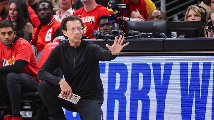 Apr 23, 2026; Atlanta, Georgia, USA; Atlanta Hawks head coach Quin Snyder on th sideline against the New York Knicks in the second quarter during game three of the first round of the 2026 NBA Playoffs at State Farm Arena. Mandatory Credit: Brett Davis-Imagn Images Apr 23, 2026; Atlanta, Georgia, USA; Atlanta Hawks head coach Quin Snyder on th sideline against the New York Knicks in the second quarter during game three of the first round of the 2026 NBA Playoffs at State Farm Arena. Mandatory Credit: Brett Davis-Imagn Images