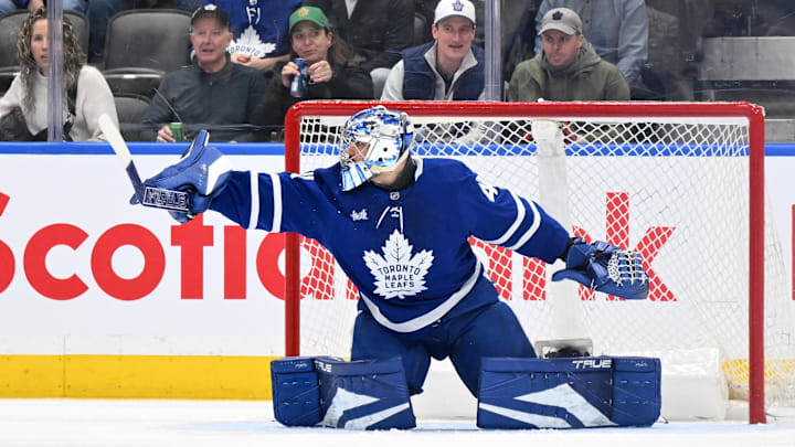 Mar 15, 2025; Toronto, Ontario, CAN;  Toronto Maple Leafs goalie Anthony Stolarz (41) makes a save against the Ottawa Senators in the first period at Scotiabank Arena. Mandatory Credit: Dan Hamilton-Imagn Images