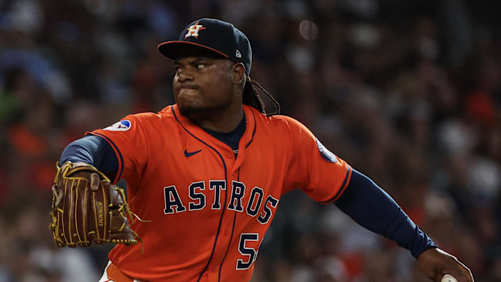 Jul 12, 2025; Houston, Texas, USA; Houston Astros starting pitcher Framber Valdez (59) pitches against the Texas Rangers  in the first inning at Daikin Park. Mandatory Credit: Thomas Shea-Imagn Images