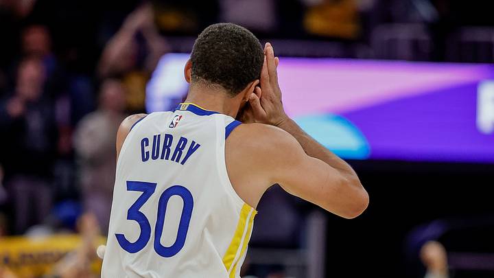 San Francisco, California, USA; Golden State Warriors guard Stephen Curry (30) makes the “night night” sign during overtime against the Denver Nuggets at Chase Center. Mandatory Credit: Bob Kupbens-Imagn Images