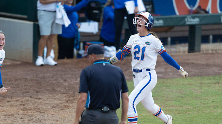 Florida outfielder Taylor Shumaker (21) celebrates a home run against Georgia during the third game of the NCAA super regionals softball game in Gainesville, FL on Sunday, May 25, 2025. [Alan Youngblood/Gainesville Sun]
