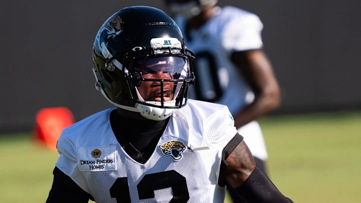 Jacksonville Jaguars wide receiver Travis Hunter (12) runs drills during an NFL training camp seventh session at the Miller Electric Center, Thursday, July 31, 2025, in Jacksonville, Fla. [Doug Engle/Florida Times-Union]