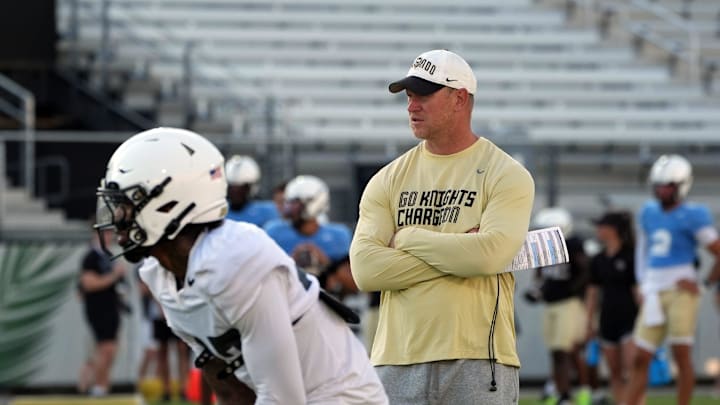 UCF Head Football Coach Scott Frost during UCF Spring football practice at FBC Mortgage Stadium in Orlando, Friday, April 11, 2025.