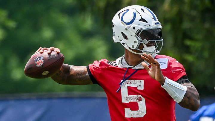 Jun 9, 2026; Indianapolis, IN, USA; Indianapolis Colts quarterback Anthony Richardson Sr. (5) throws a pass during a drill during minicamp at Indiana Farm Bureau Football Center. Mandatory Credit: Robert Goddin-Imagn Images