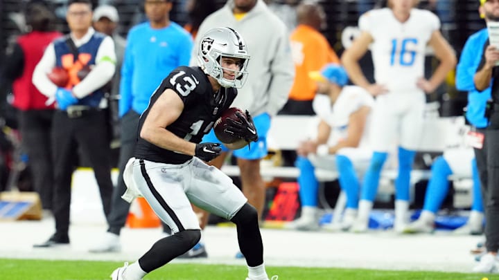 Dec 14, 2023; Paradise, Nevada, USA; Las Vegas Raiders wide receiver Hunter Renfrow (13) runs against the Los Angeles Chargers in the first quarter at Allegiant Stadium. Mandatory Credit: Stephen R. Sylvanie-USA TODAY Sports