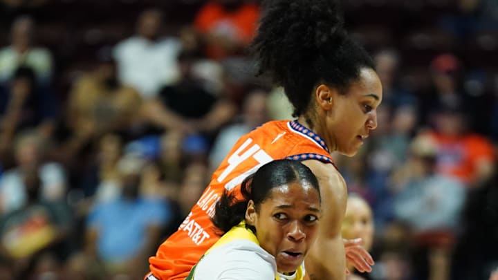 Jul 28, 2025; Uncasville, Connecticut, USA; Connecticut Sun guard Leila Lacan (47) defends against Seattle Storm guard Zia Cooke (7) in the second half at Mohegan Sun Arena. Mandatory Credit: David Butler II-Imagn Images