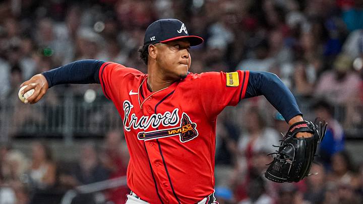 Jul 31, 2026; Cumberland, Georgia, USA; Atlanta Braves pitcher Elieser Hernandez (57) pitches against the Washington Nationals during the seventh inning at Truist Park. Mandatory Credit: Dale Zanine-Imagn Images