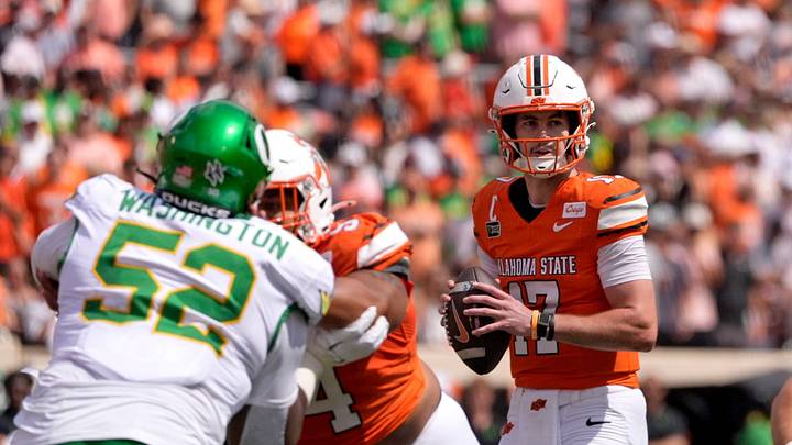 Oklahoma State's Drew Mestemaker (17) looks to throw a pass in the first half of the college football game between the Oklahoma State Cowboys and the Oregon Ducks at Boone Pickens Stadium in Stillwater, Okla., Saturday, Sept., 12, 2026. Oklahoma State's Drew Mestemaker (17) looks to throw a pass in the first half of the college football game between the Oklahoma State Cowboys and the Oregon Ducks at Boone Pickens Stadium in Stillwater, Okla., Saturday, Sept., 12, 2026.