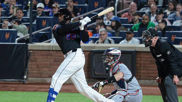 Apr 23, 2026; New York City, New York, USA; New York Mets center fielder Luis Robert Jr. (88) hits an RBI double during the second inning against the Minnesota Twins at Citi Field. Mandatory Credit: Vincent Carchietta-Imagn Images Apr 23, 2026; New York City, New York, USA; New York Mets center fielder Luis Robert Jr. (88) hits an RBI double during the second inning against the Minnesota Twins at Citi Field. Mandatory Credit: Vincent Carchietta-Imagn Images