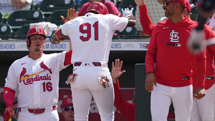 Mar 7, 2026; Jupiter, Florida, USA; St. Louis Cardinals left fielder Miguel Ugueto (91) celebrates after hitting a home run in the third inning against the New York Mets at Roger Dean Chevrolet Stadium. Mandatory Credit: Jim Rassol-Imagn Images Mar 7, 2026; Jupiter, Florida, USA; St. Louis Cardinals left fielder Miguel Ugueto (91) celebrates after hitting a home run in the third inning against the New York Mets at Roger Dean Chevrolet Stadium. Mandatory Credit: Jim Rassol-Imagn Images
