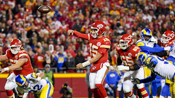 Nov 27, 2022; Kansas City, Missouri, USA; Kansas City Chiefs quarterback Patrick Mahomes (15) throws a pass during the second half against the Los Angeles Rams at GEHA Field at Arrowhead Stadium. Mandatory Credit: Jay Biggerstaff-Imagn Images