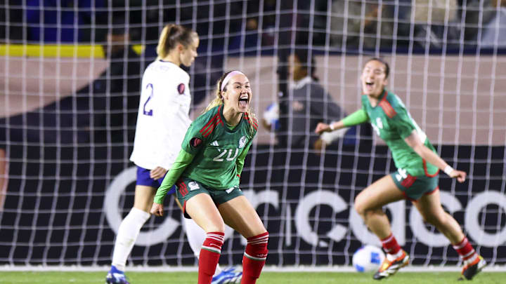 Feb 26, 2024; Carson, California, USA; Mexico forward Mayra Pelayo (20) celebrates after scoring a