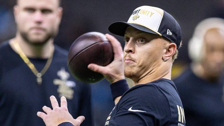 Dec 14, 2025; New Orleans, Louisiana, USA; New Orleans Saints quarterback Spencer Rattler (2) warms up prior to the game against the Carolina Panthers at Caesars Superdome. Mandatory Credit: Stephen Lew-Imagn Images