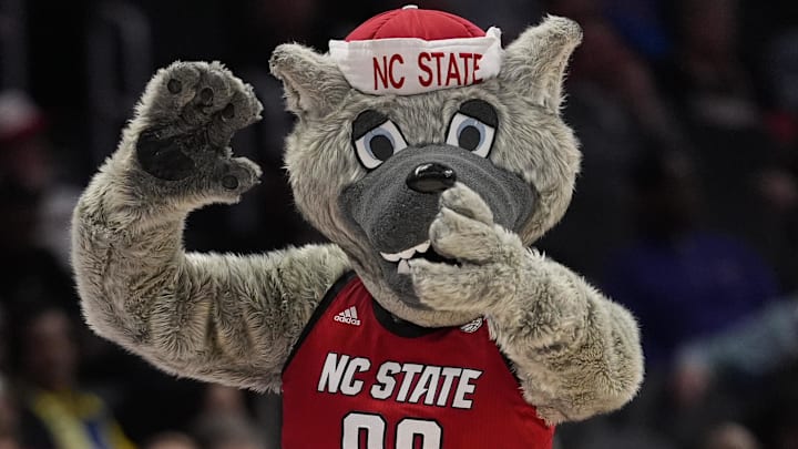 Mar 11, 2026; Charlotte, NC, USA; NC State Wolfpack mascot Mr. Wof during the second half against the Pittsburgh Panthers at Spectrum Center. Mandatory Credit: Jim Dedmon-Imagn Images