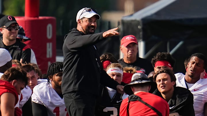 Ohio State Buckeyes head coach Ryan Day addresses the team during football training camp at the Woody Hayes Athletic Center on Aug. 1, 2025.