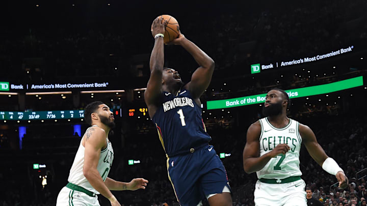 Jan 29, 2024; Boston, Massachusetts, USA;  New Orleans Pelicans forward Zion Williamson (1) shoots