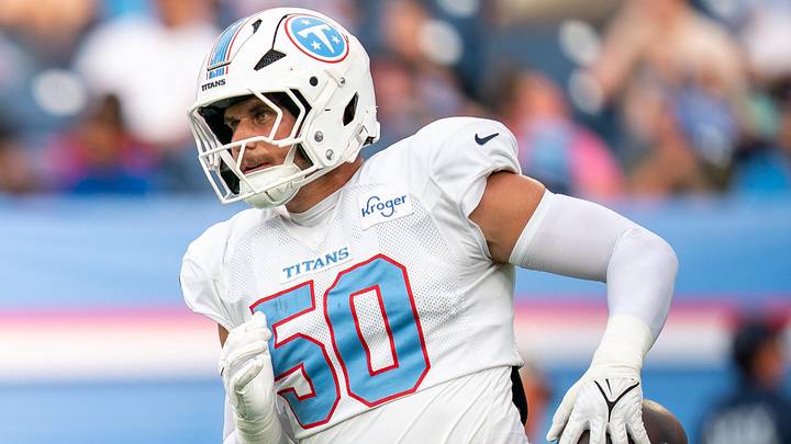 Tennessee Titans linebacker Cody Barton (50) runs drills during the Blue and White Stadium Scrimmage at Nissan Stadium in Nashville, Tenn., Friday, Aug. 7, 2026.