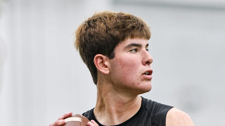 Hingham's Peter Bourque, of Tabor Academy, throws the ball at the M2 QB Academy's seventh annual Showdown Camp at Bryant University in Smithfield, Rhode Island on Saturday, June 7, 2025.