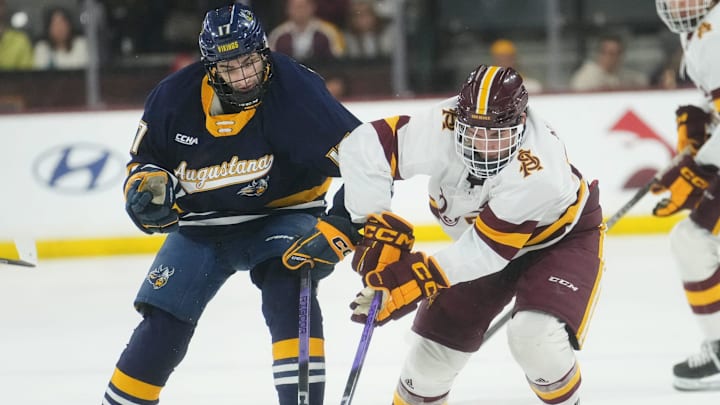 ASU Sun Devils defenseman Tim Lovell (27) fights for the puck with against Augustana Vikings forward Ryan Naumovski (17) at Mullett Arena in Tempe on Jan. 19, 2024.