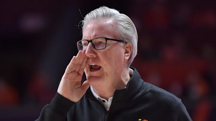 Feb 25, 2025; Champaign, Illinois, USA;  Iowa Hawkeyes head coach Fran McCaffery reacts during the first half against the Illinois Fighting Illini at State Farm Center. Mandatory Credit: Ron Johnson-Imagn Images