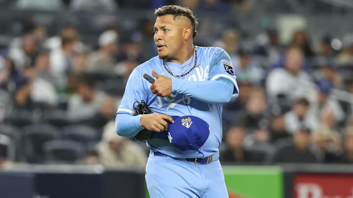 Apr 15, 2025; Bronx, New York, USA;  Kansas City Royals relief pitcher Angel Zerpa (61) at Yankee Stadium. Mandatory Credit: Wendell Cruz-Imagn Images