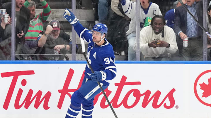 Mar 26, 2024; Toronto, Ontario, CAN; Toronto Maple Leafs center Auston Matthews (34) celebrates