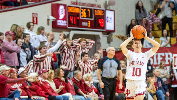 Indiana's Shay Ciezki (10) reacts to getting called for a foul during the Indiana versus Illinois women's basketball game at Simon Skjodt Assembly Hall on Thursday, Jan. 16, 2025.