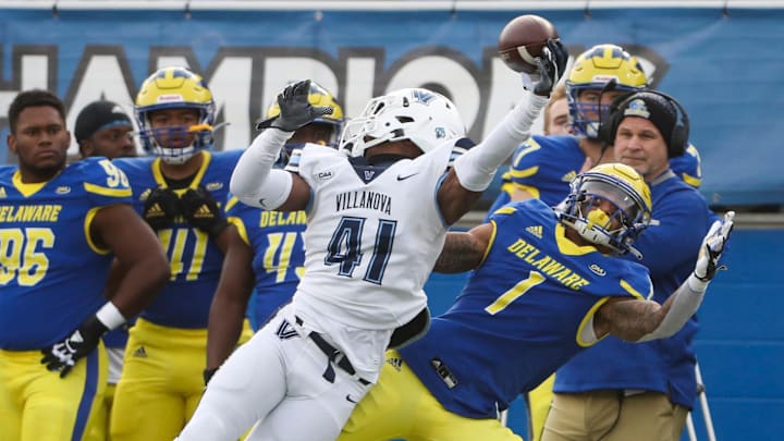 Villanova's Christian Benford (41) breaks up a pass meant for Delaware's Thyrick Pitts in the third quarter of the Blue Hens' 21-13 loss at Delaware Stadium, Saturday, Nov. 20, 2021