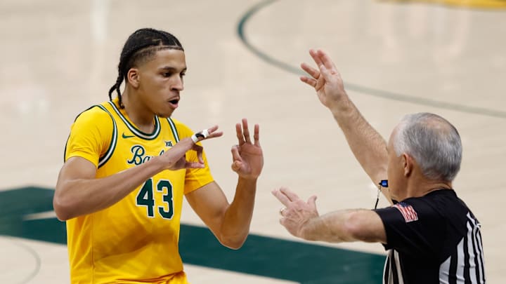 Mar 7, 2026; Waco, Texas, USA;  Baylor Bears guard Cameron Carr (43) reacts after scoring a three-point basket against the Utah Utes during the second half at Paul and Alejandra Foster Pavilion. Mandatory Credit: Chris Jones-Imagn Images