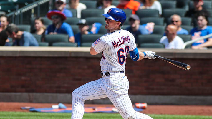 Jun 27, 2021; New York City, New York, USA;  New York Mets left fielder Billy McKinney (60) at Citi Field. Mandatory Credit: Wendell Cruz-Imagn Images