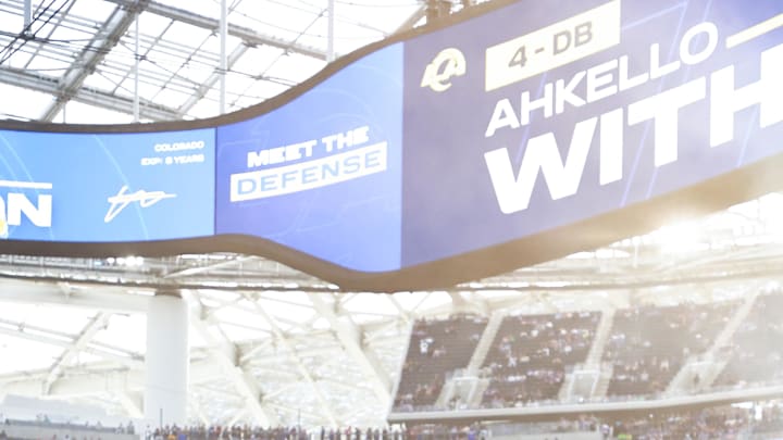 Jan 5, 2025; Inglewood, California, USA;  Los Angeles Rams Cornerback Ahkello Witherspoon (4) enters the stadium during players pregame introduction vs the Seattle Seahawks at SoFi Stadium. Mandatory Credit: William Navarro-Imagn Images