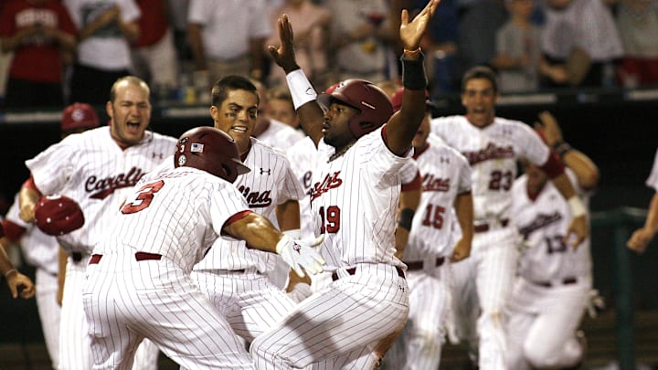 South Carolina baseball legend Jackie Bradley, Jr. celebrating scoring the winning run against Oklahoma in the 2010 College World Series