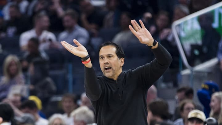 Jan 7, 2025; San Francisco, California, USA; Miami Heat head coach Erik Spoelstra gestures during the first quarter against the Golden State Warriors at Chase Center. Mandatory Credit: John Hefti-Imagn Images