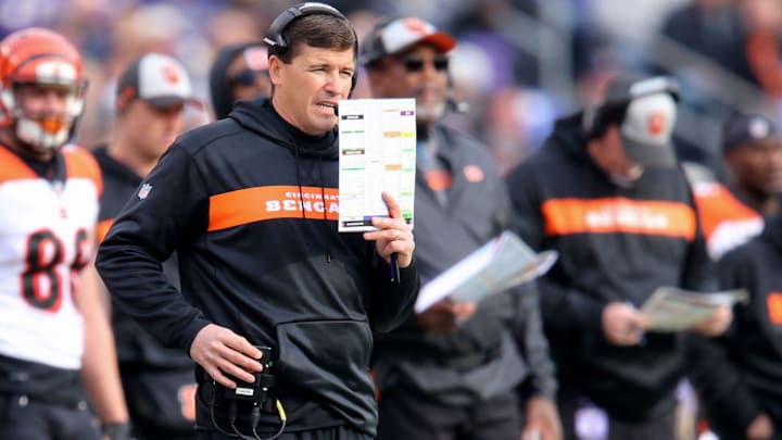 Cincinnati Bengals offensive coordinator Bill Lazor calls a play in the second quarter of an NFL football game against the Baltimore Ravens ,Sunday, Nov. 18, 2018, at M&T Bank Stadium in Baltimore. Cincinnati Bengals At Baltimore Ravens 11 18 2018 Cincinnati Bengals offensive coordinator Bill Lazor calls a play in the second quarter of an NFL football game against the Baltimore Ravens ,Sunday, Nov. 18, 2018, at M&T Bank Stadium in Baltimore. Cincinnati Bengals At Baltimore Ravens 11 18 2018