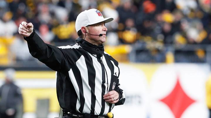 Nov 20, 2022; Pittsburgh, Pennsylvania, USA;  NFL referee Brad Allen (122) signals in infraction in the second quarter of the game between the Cincinnati Bengals and the Pittsburgh Steelers at Acrisure Stadium. Mandatory Credit: Charles LeClaire-USA TODAY Sports