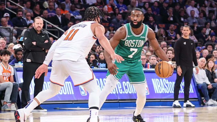 May 10, 2025; New York, New York, USA; Boston Celtics guard Jaylen Brown (7) looks to drive past New York Knicks guard Jalen Brunson (11) in the third quarter during game three of the second round for the 2025 NBA Playoffs at Madison Square Garden. Mandatory Credit: Wendell Cruz-Imagn Images May 10, 2025; New York, New York, USA; Boston Celtics guard Jaylen Brown (7) looks to drive past New York Knicks guard Jalen Brunson (11) in the third quarter during game three of the second round for the 2025 NBA Playoffs at Madison Square Garden. Mandatory Credit: Wendell Cruz-Imagn Images