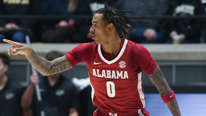 Alabama Crimson Tide guard Labaron Philon (0) celebrates after scoring Friday, Nov. 15, 2024, during the NCAA men’s basketball game against the Purdue Boilermakers at Mackey Arena in West Lafayette, Ind. Purdue Boilermakers won 87-78.
