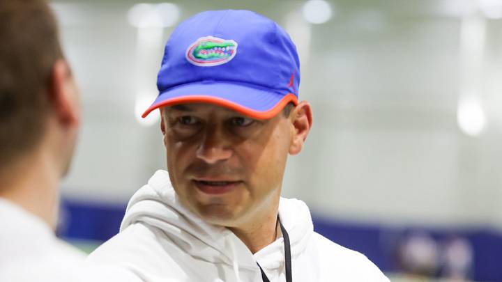 Florida head coach Jon Sumrall talks on the sideline during spring practice at Sanders Practice Fields in Gainesville, FL on Tuesday, April 7, 2026. [Alan Youngblood/Gainesville Sun]