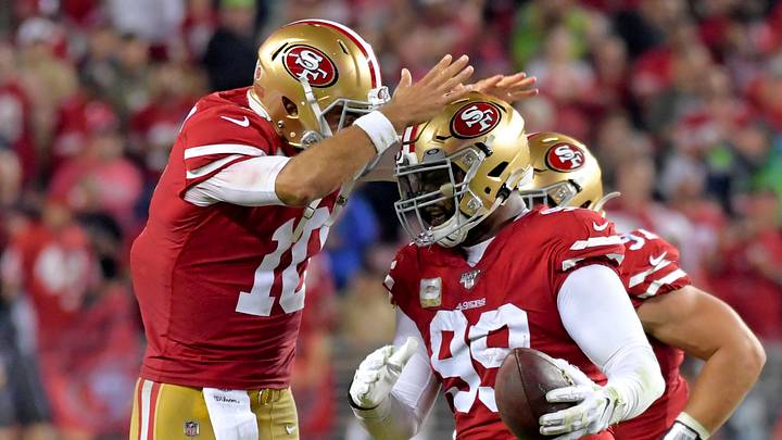 San Francisco 49ers quarterback Jimmy Garoppolo (left) and defensive tackle DeForest Buckner (right) San Francisco 49ers quarterback Jimmy Garoppolo (left) and defensive tackle DeForest Buckner (right)