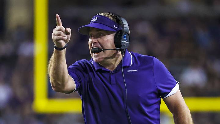 Oct 23, 2021; Fort Worth, Texas, USA; TCU Horned Frogs head coach Gary Patterson reacts during the first half against the West Virginia Mountaineers at Amon G. Carter Stadium. Mandatory Credit: Kevin Jairaj-Imagn Images Oct 23, 2021; Fort Worth, Texas, USA; TCU Horned Frogs head coach Gary Patterson reacts during the first half against the West Virginia Mountaineers at Amon G. Carter Stadium. Mandatory Credit: Kevin Jairaj-Imagn Images