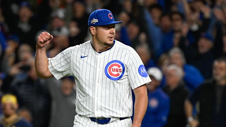Oct 8, 2025; Chicago, Illinois, USA; Chicago Cubs pitcher Brad Keller (40) celebrates after defeating the Milwaukee Brewers in game three of the NLDS round for the 2025 MLB playoffs at Wrigley Field. Mandatory Credit: Matt Marton-Imagn Images