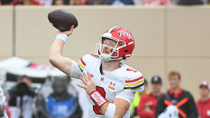 Sep 28, 2024; Bloomington, Indiana, USA;  Maryland Terrapins quarterback Billy Edwards Jr. (9) throws a pass against the Indiana Hoosiers during the first half at Memorial Stadium. Mandatory Credit: Robert Goddin-Imagn Images