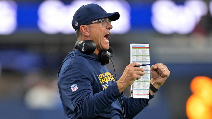Nov 30, 2025; Inglewood, California, USA; Los Angeles Chargers head coach Jim Harbaugh reacts during the second half at SoFi Stadium. Mandatory Credit: Jayne Kamin-Oncea-Imagn Images