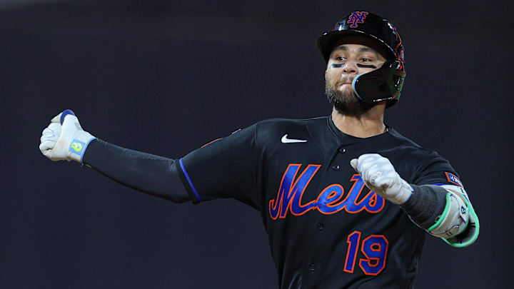 Apr 23, 2026; New York City, New York, USA;  New York Mets shortstop Bo Bichette (19) celebrates after hitting a three-run double during the eighth inning against the Minnesota Twins at Citi Field. Mandatory Credit: Vincent Carchietta-Imagn Images