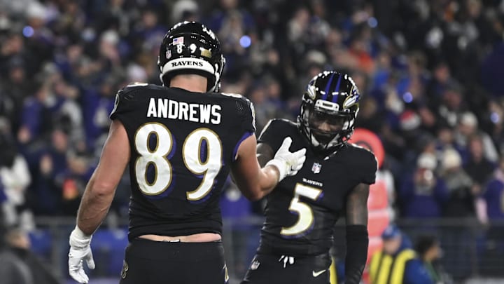 Nov 28, 2021; Baltimore, Maryland, USA;  Baltimore Ravens tight end Mark Andrews (89) celebrates with wide receiver Marquise Brown (5) after catching a third quarter touchdown  against the Cleveland Browns at M&T Bank Stadium. Mandatory Credit: Tommy Gilligan-Imagn Images