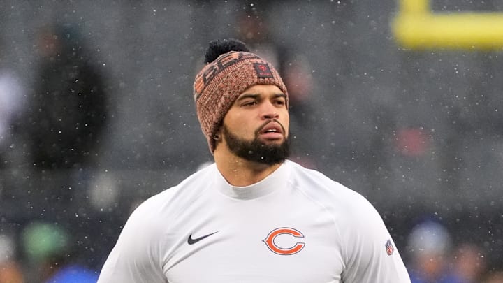 Jan 18, 2026; Chicago, IL, USA; Chicago Bears quarterback Caleb Williams (18) looks on during warmups before an NFC Divisional Round game against the Los Angeles Rams at Soldier Field. Mandatory Credit: David Banks-Imagn Images