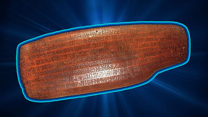 A wooden tablet covered in still-undeciphered Rongorongo script.
