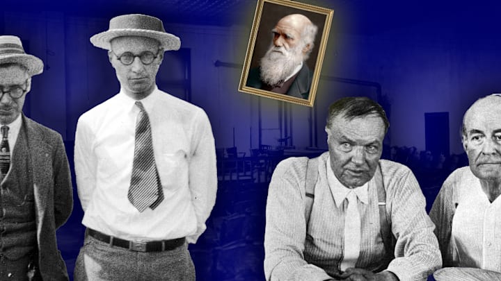 George Rappleyea and John Scopes (left) instigated the trial in Dayton, Tennessee, where Clarence Darrow and William Jennings Bryan (right) battled over Darwin’s theory of evolution. 