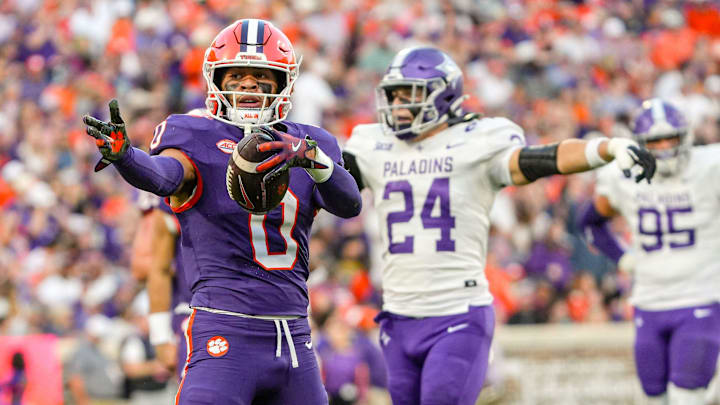 Clemson wide receiver Antonio Williams(0) reacts after a catch against Furman during the first quarter at Memorial Stadium in Clemson, S.C. Saturday, November 22, 2025.
